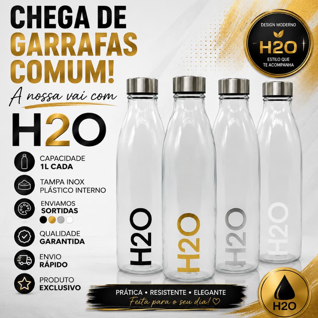 Kit 4 Garrafas De Vidro H2O 1 Litro Com Tampa