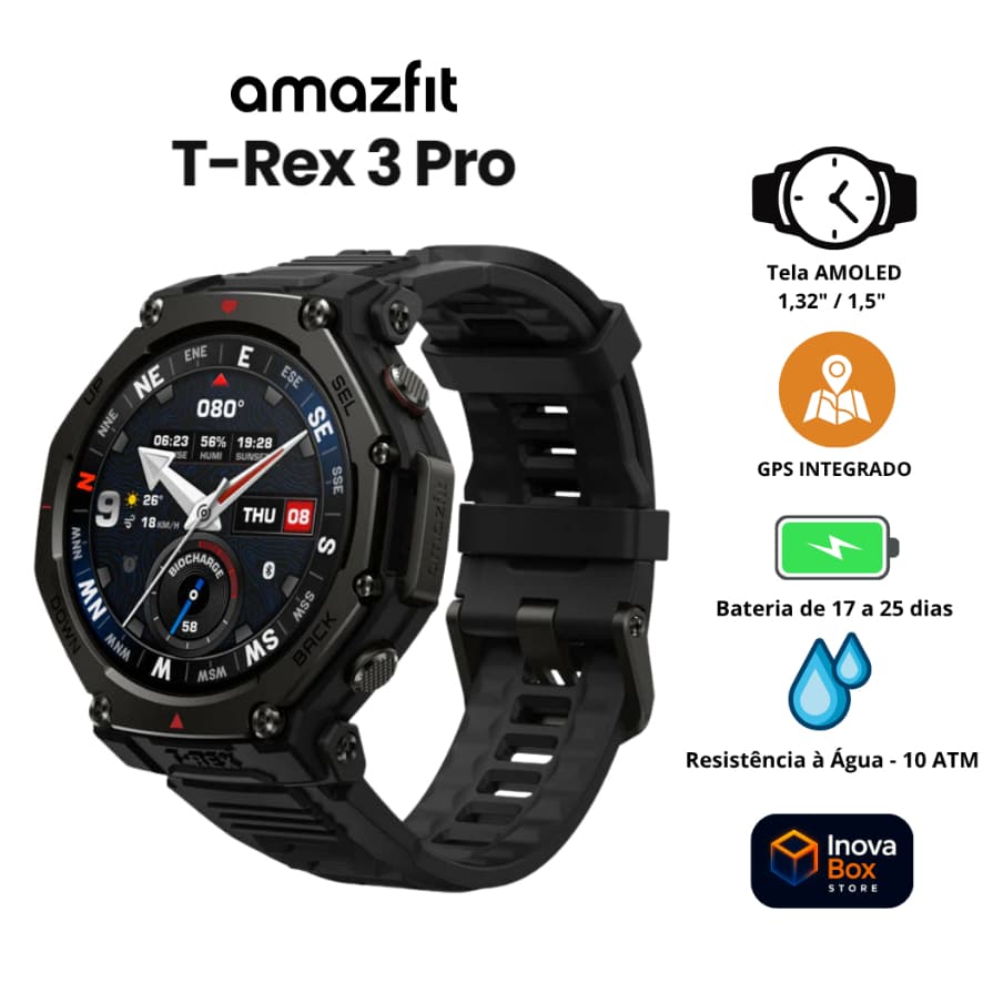 Relógio Smartwatch Amazfit T-Rex 3 Pro | Bluetooth | GPS | Tela Safira | AMOLED | Resistência 10ATM | 180+ Esportes