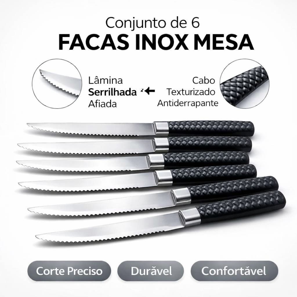 Kit 6 Facas Mesa Inox Linha Gramado Preto Talheres Refeição Lanches Corte Confortável