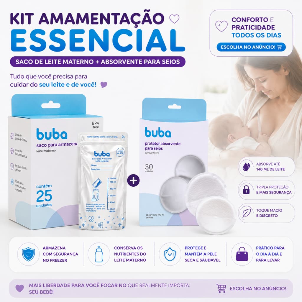 Kit Saco Para Armazenar e Congelar Leite Materno + Absorvente Protetor Descartavel Seios Amamentação Protetor Buba