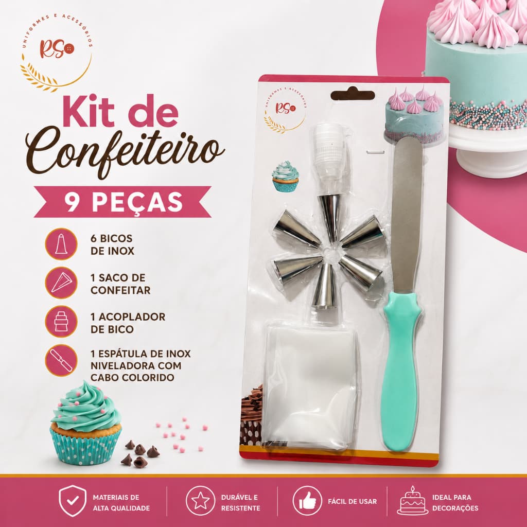 Kit Confeitaria 9 Peças Saco Confeitar 6 Bicos Acoplador Espátula Inox Cores Sortidas