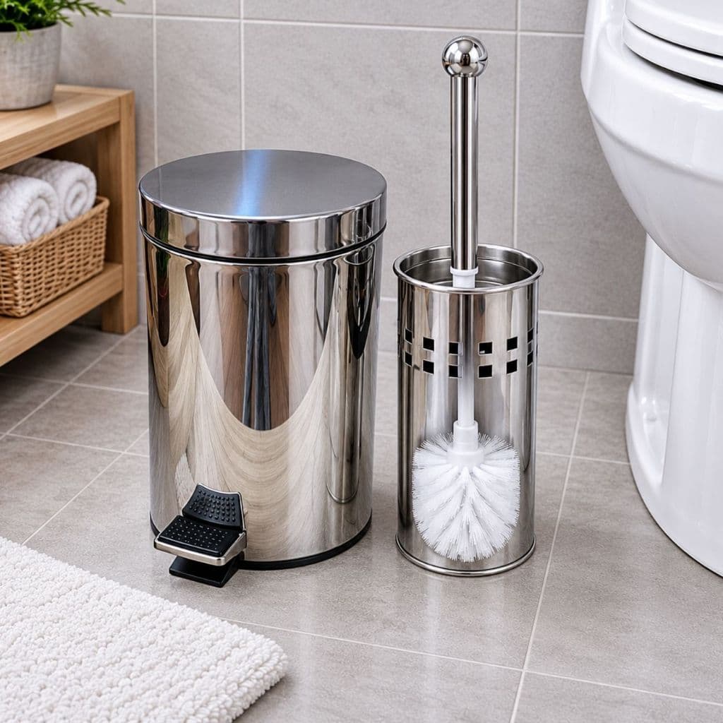kit lixeira inox de banheiro + escova sanitária com suporte lixeira com balde removível mais higiene
