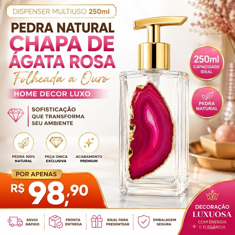 Dispenser Luxo 250ml com Ágata Rosa Natural Folheada a Ouro