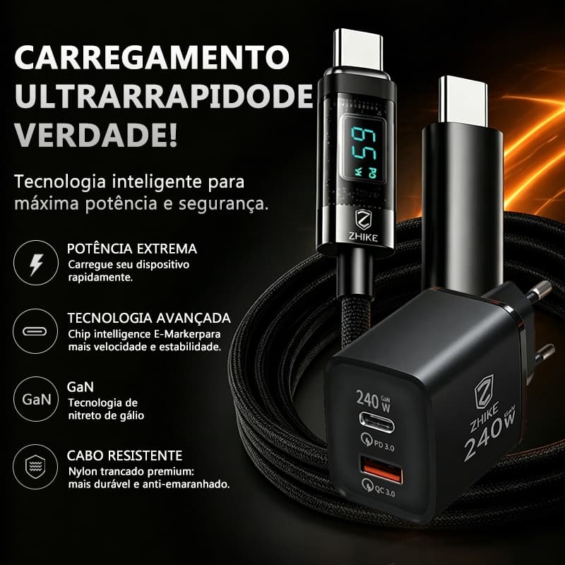 Cabo Carregador Visor Digital LED Tipo C iP Nylon Trançado com GaN Adaptador Carregamento Rápido 1M