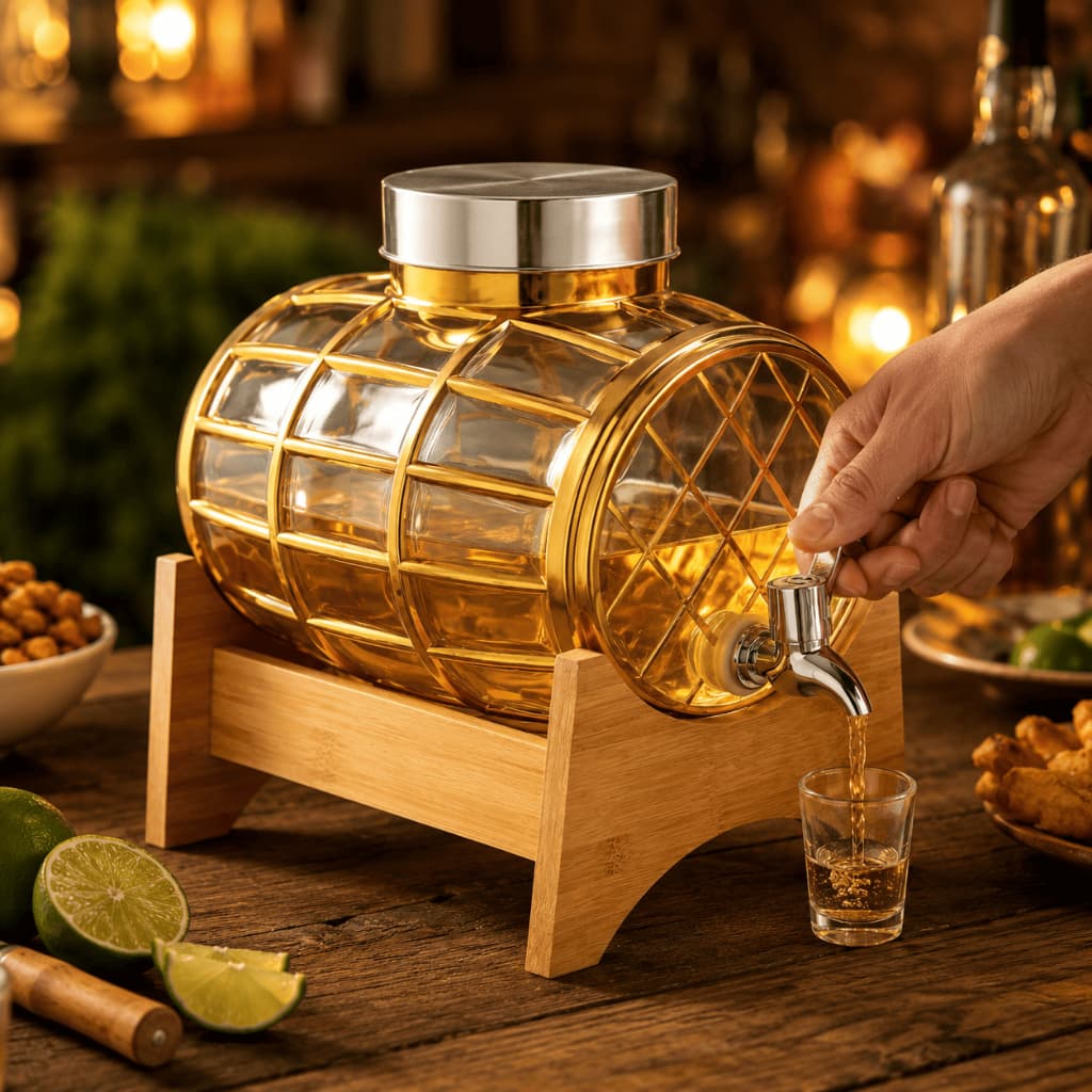 Suqueira Barril Vidro 3L Dispenser Bebidas Sucos Cachaça Drinks com Torneira Inox e Suporte Madeira