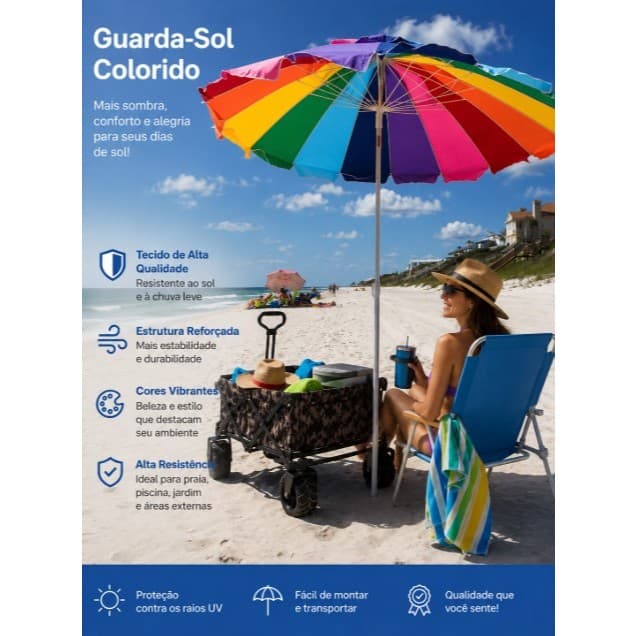 Guarda-Sol Praia Colorido com Haste Reforçada Alta Resistência e Qualidade -Wincy