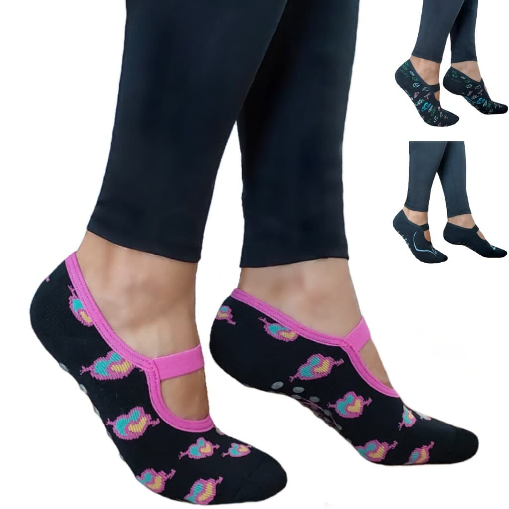 Kit 3 Pares Meia Sapatilha Pilates Fitness Yoga Com Antiderrapante