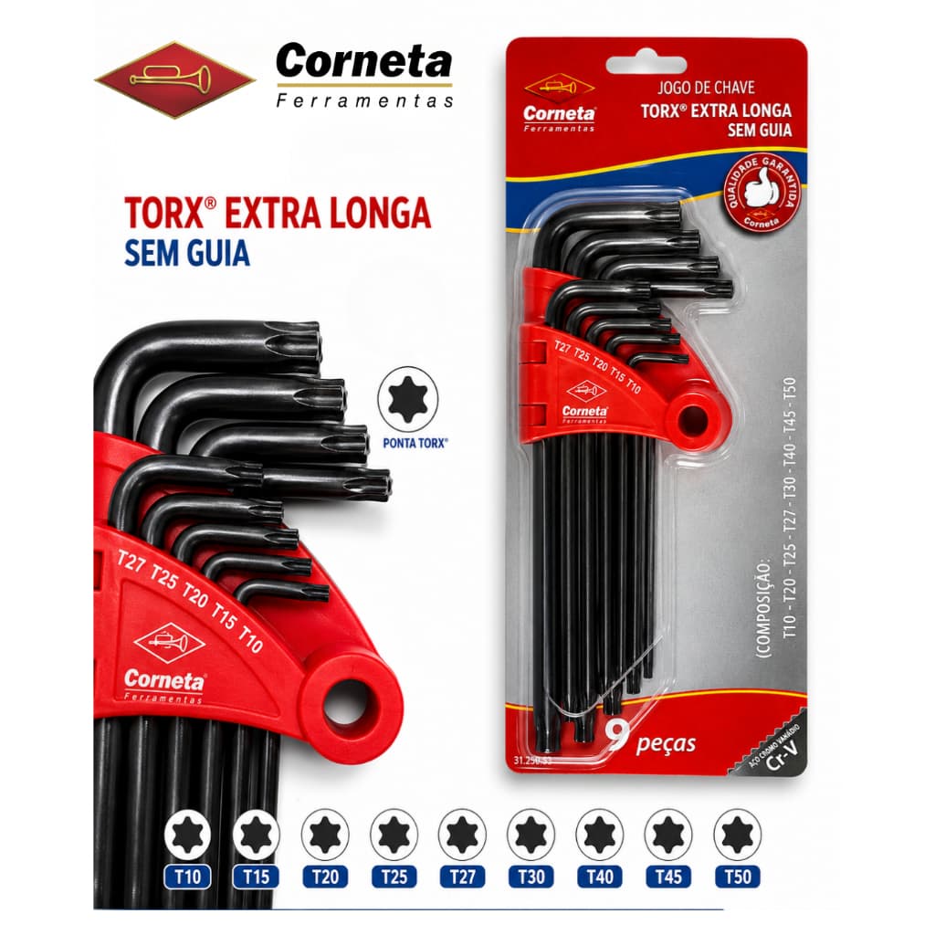 Kit De Chave Torx Torque Cromo Vanadio Extra Longa 9 Peças - Corneta