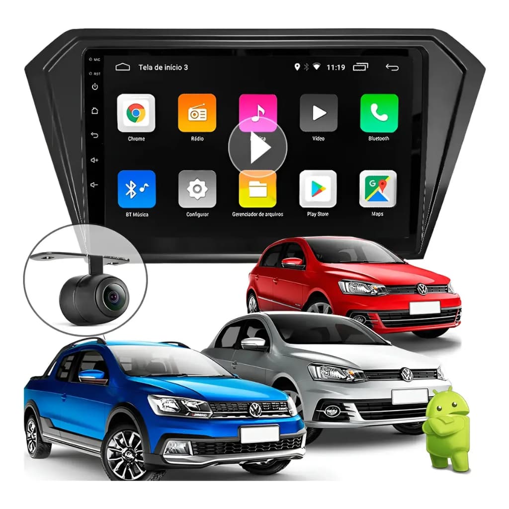 Multimídia 2 Din 9Pol Android Gol Voyage Saveiro G7 G8 Câmera