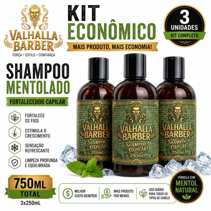 Kit 3 Shampoo Masculino Valhalla Barber 250ml | Fortalecedor Capilar | 750ml Total