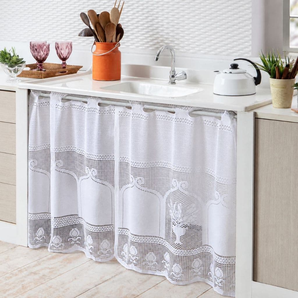 Cortina Para Pia Vitro Janela Cozinha Gourmet 1,60x0,80 Renda Branca