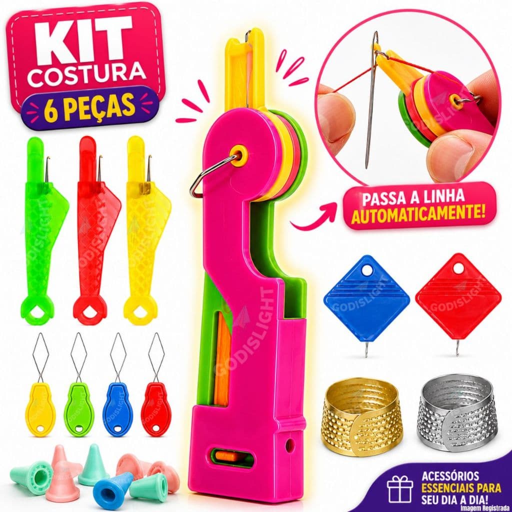 Kit Para Costureira 6 Pecas Kits Passador De Linha Na Agulha Automatico Dedal Protecão Costura Facil