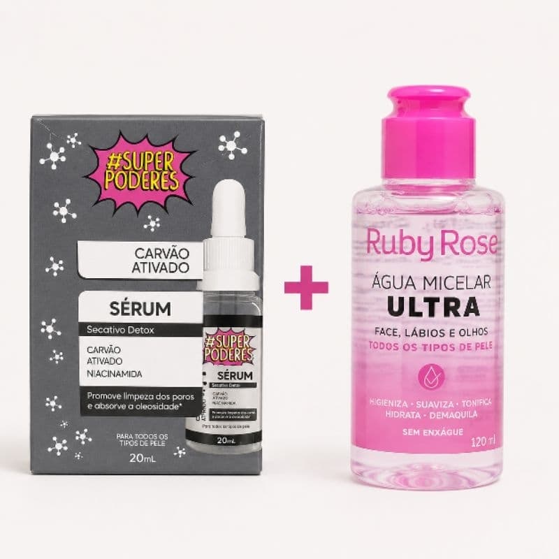 Kit Carvão Ativado Super Poderes+ Água Micelar Ultra Ruby Rose Facial Sem Enxague