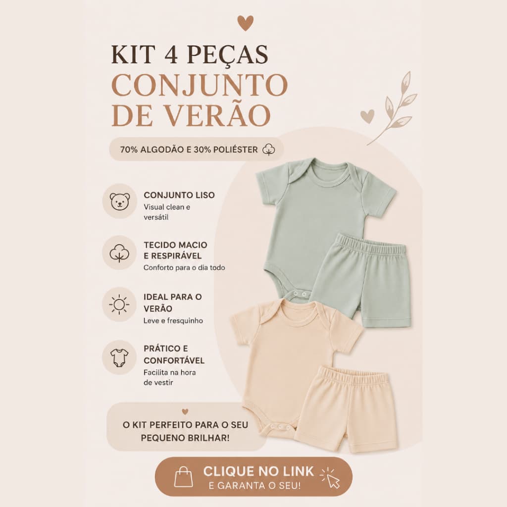 kit 4 peças Body+ Shortinhos feminino e Masculino Manga Curta verão para bebe infantil tapa fralda