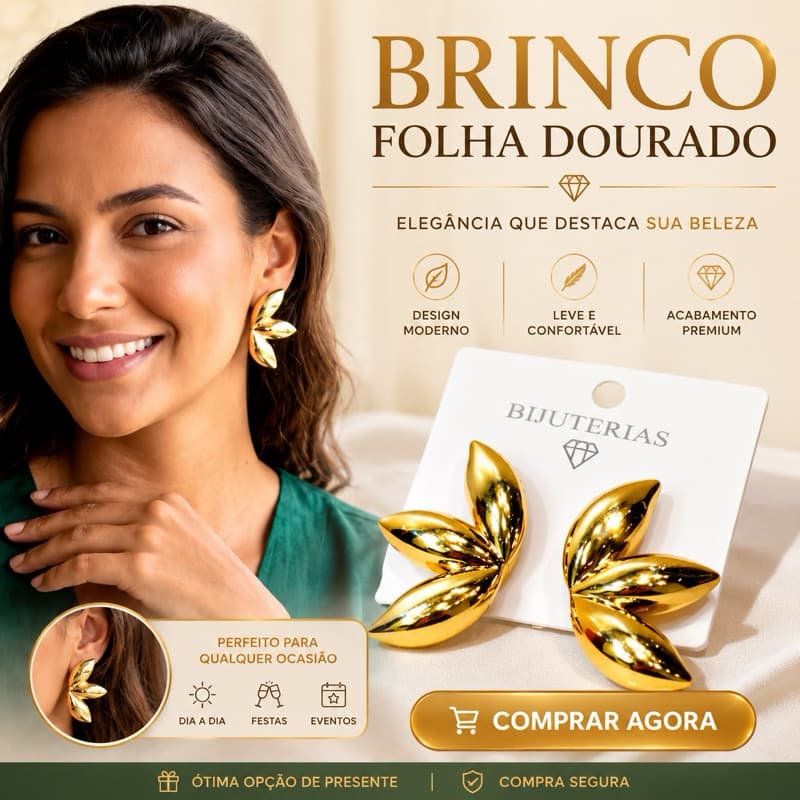 Brinco Dourado Folha Acessório Feminino | Leve e Sofisticado | Bijuteria premium