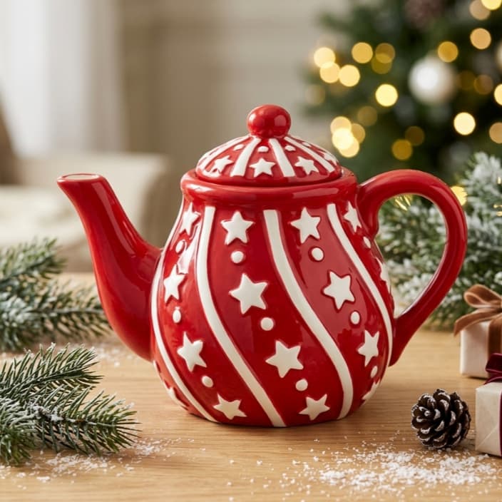 Jarra Bule De Chá de Porcelana 1L Desenho De Natal Com Tampa Mesa Posta Natalina Decorativa Premium