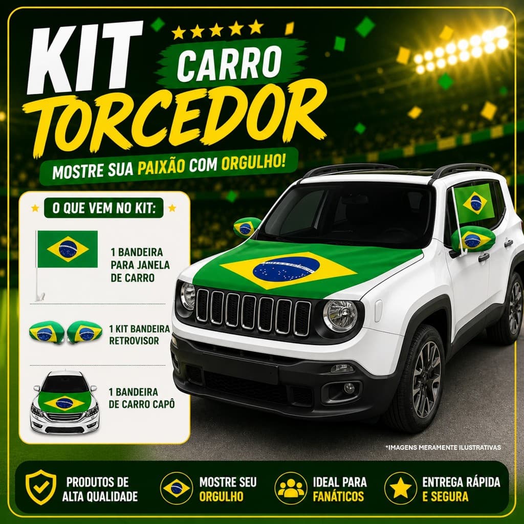 🏆 Kit 7 Torcedor Brasil Copa do Mundo 2026 3 Itens Bandeira p/capô, Bandeira retrovisor e Bandeira vidro