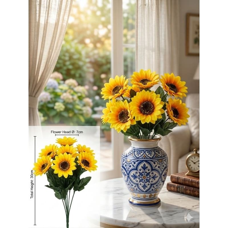 Kit 2 Buquês Girassol Artificial Permanente 30cm 6 Botões Cada Arranjo Decorativo