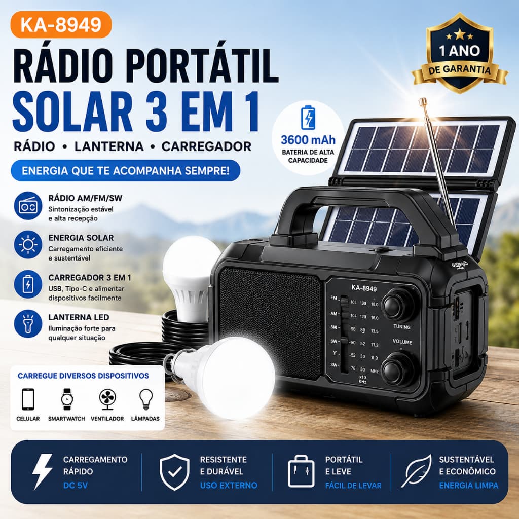 Rádio Portátil Bluetooth Recarregável com Lâmpada de Emergência e Painel Solar FM/AM/SW