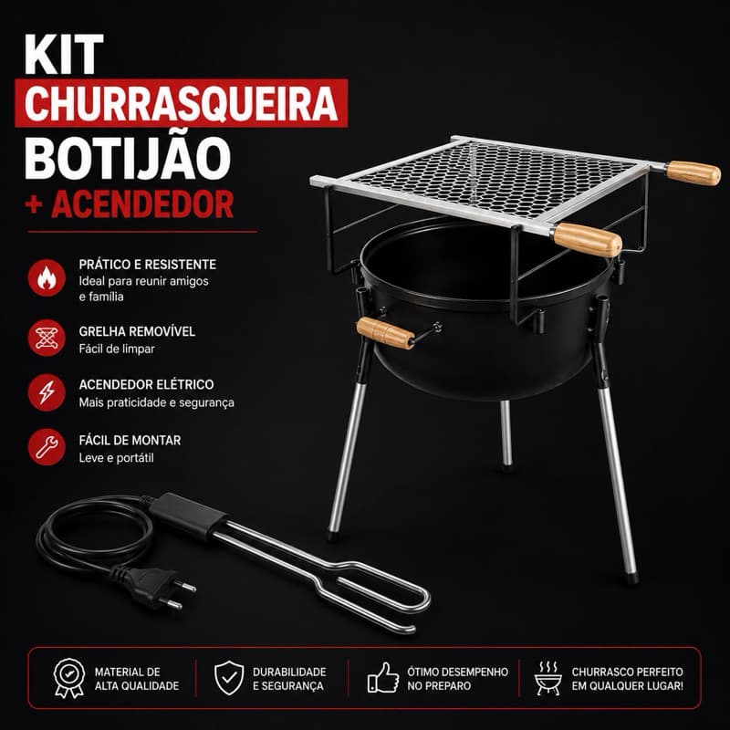 Churrasqueira Portátil Botijão com Pés Grelha Galvanizada +  Acendedor Elétrico 127v Kit Completo