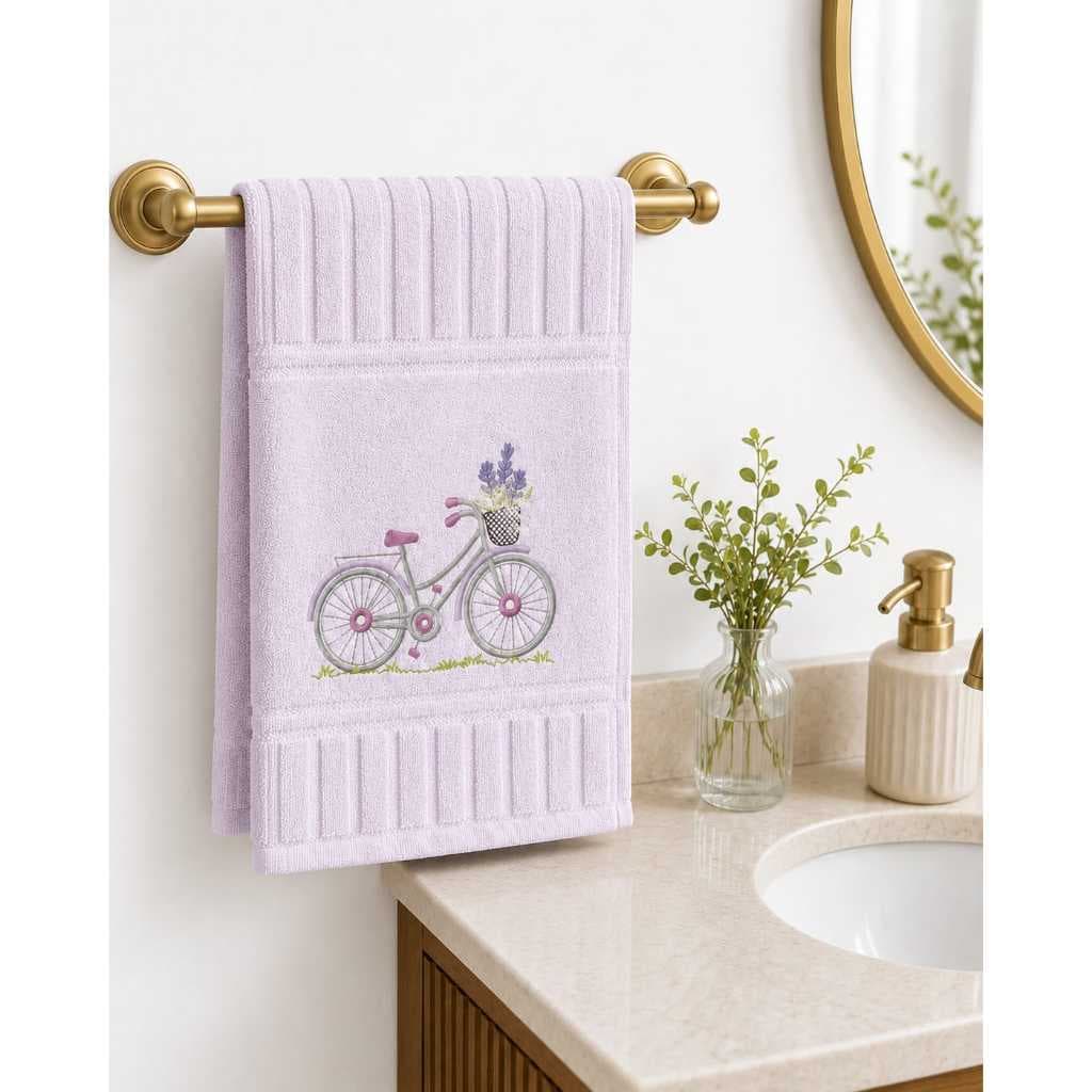 Toalha de Mão Bordada Lavabo Aveludada Bicicleta Lavanda Passeio Presente Lanche