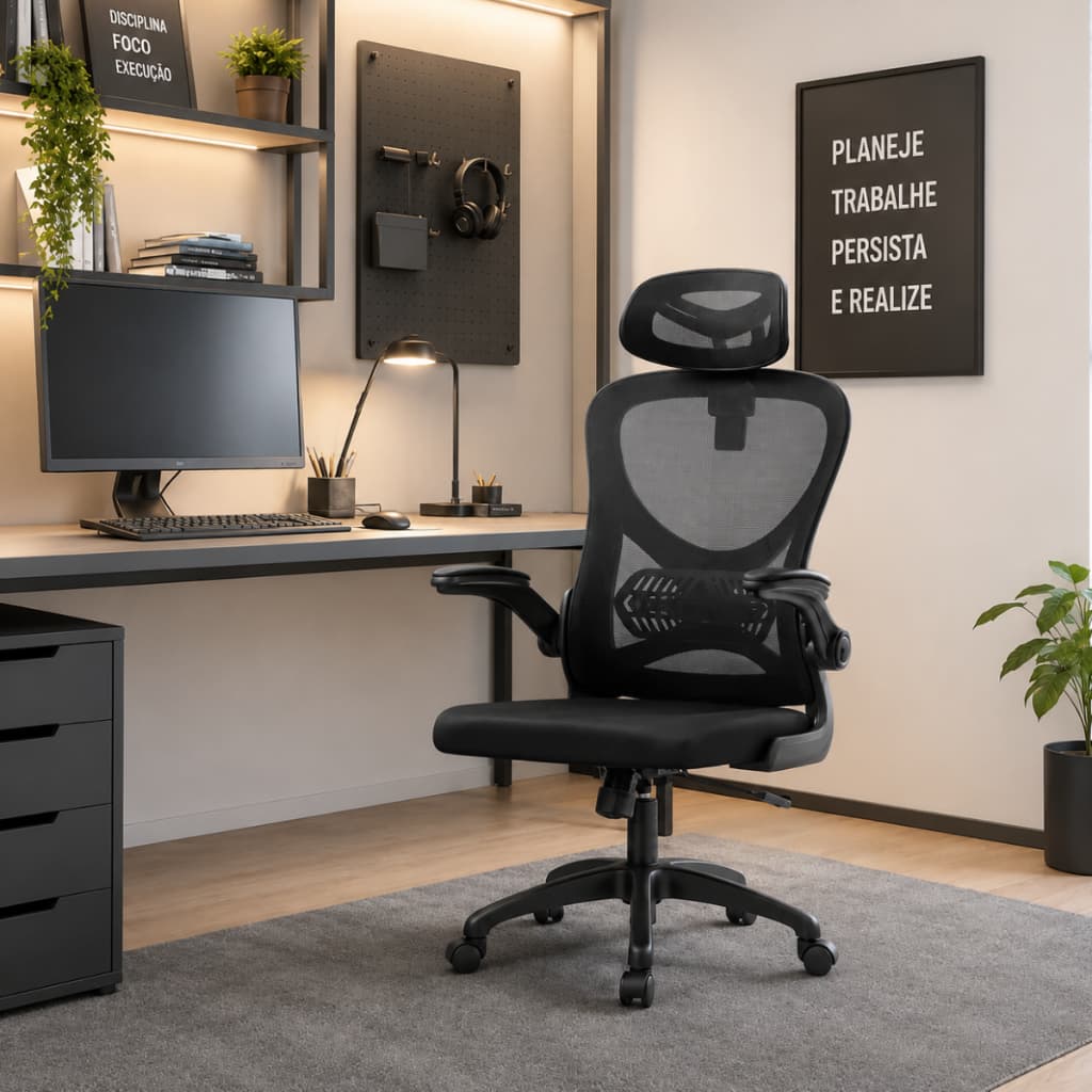 CADEIRA DE ESCRITÓRIO PRESIDENTE OFFICE COLUMBUS PRETA COM TELA MESH PRETA