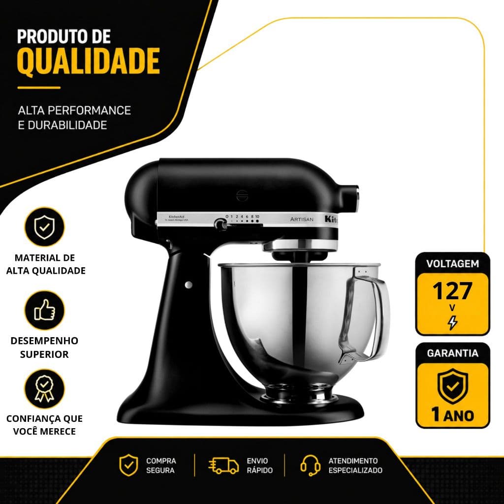 BATEDEIRA KITCHENAID ARTISAN DOSMÉSTICO COM 10 VELOCIDADES 275W 127V BLACK MATTE KEA33CPANA