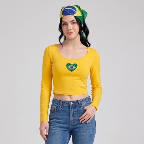 Blusa Cropped do Brasil Costas Nua Manga Longa Brasil Copa 2026 Tecido Confortável Poliamida Inverno
