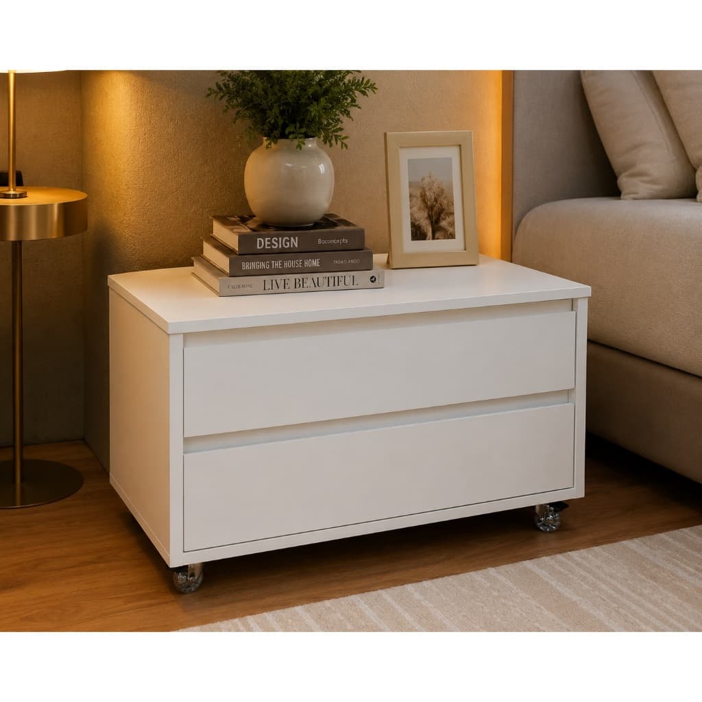 Mesa De Cabeceira Para Apoio Com 2 Gavetas E Com Rodinhas Em Gel Mdf 60x40x35 Clean Organizador Moderno