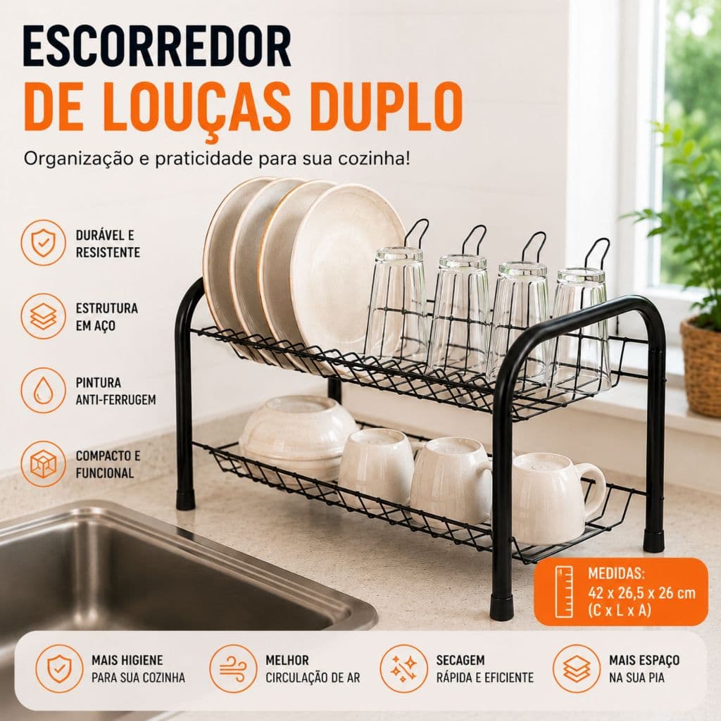 Escorredor de Louças Duplo Preto Aço Antiferrugem Organizador de Pia Porta Pratos e Copos