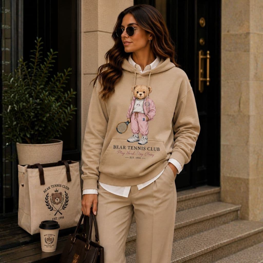 Moletom Feminino Capuz e Bolsos Blusa de Frio Estampado Urso Moda Inverno Estilo Tumblr Casual Básico