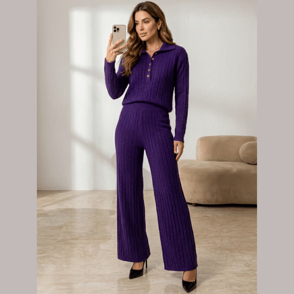 Conjunto Feminino 2 Peças Blusa Manga Longa Botão Calça Tricot Inverno Frio Mousse Elegante Casual