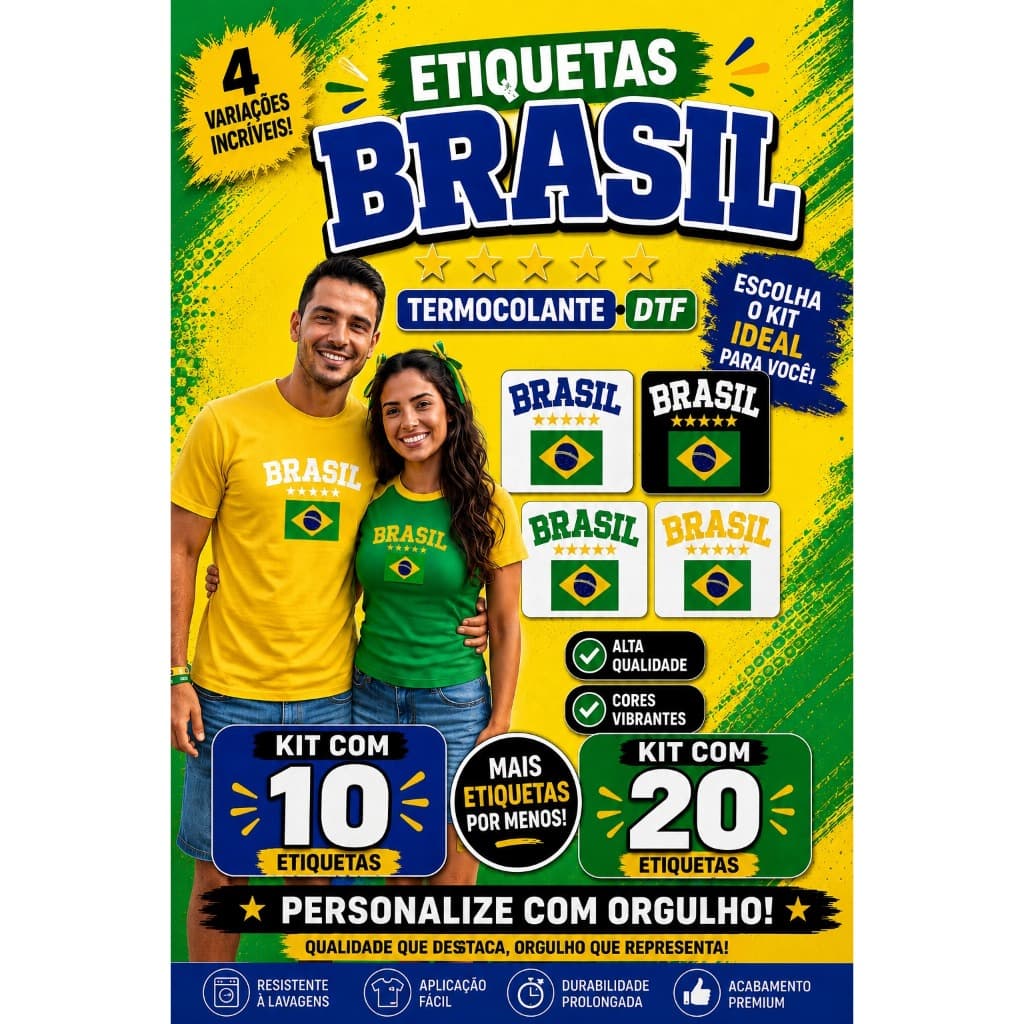 Etiquetas Termocolante DTF Brasil de Alta Qualidade 10 ou 20 Unidades