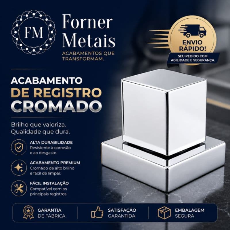 Acabamento Quadrado em Metal Cromado C32, p/ Registro de Chuveiros/ Padrão Deca 1/2 ou 3/4