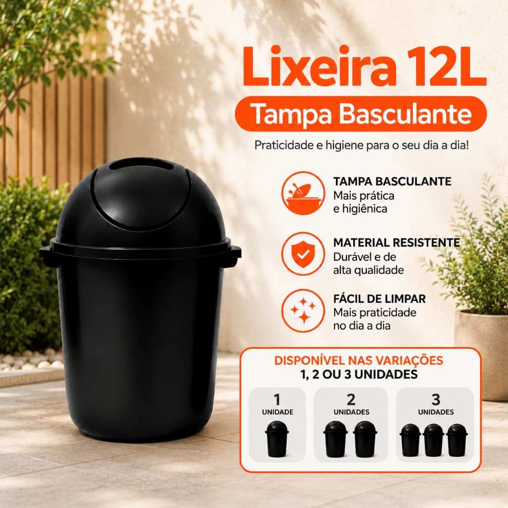 Lixeira com Tampa Basculante 12L Preta Resistente para Banheiro Cozinha e Escritório
