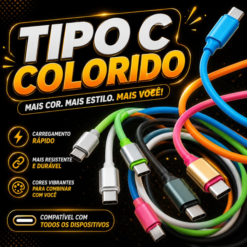 Cabo USB Tipo-C Turbo Branco ou Colorido - Carregamento Rápido e Transferência de Dados