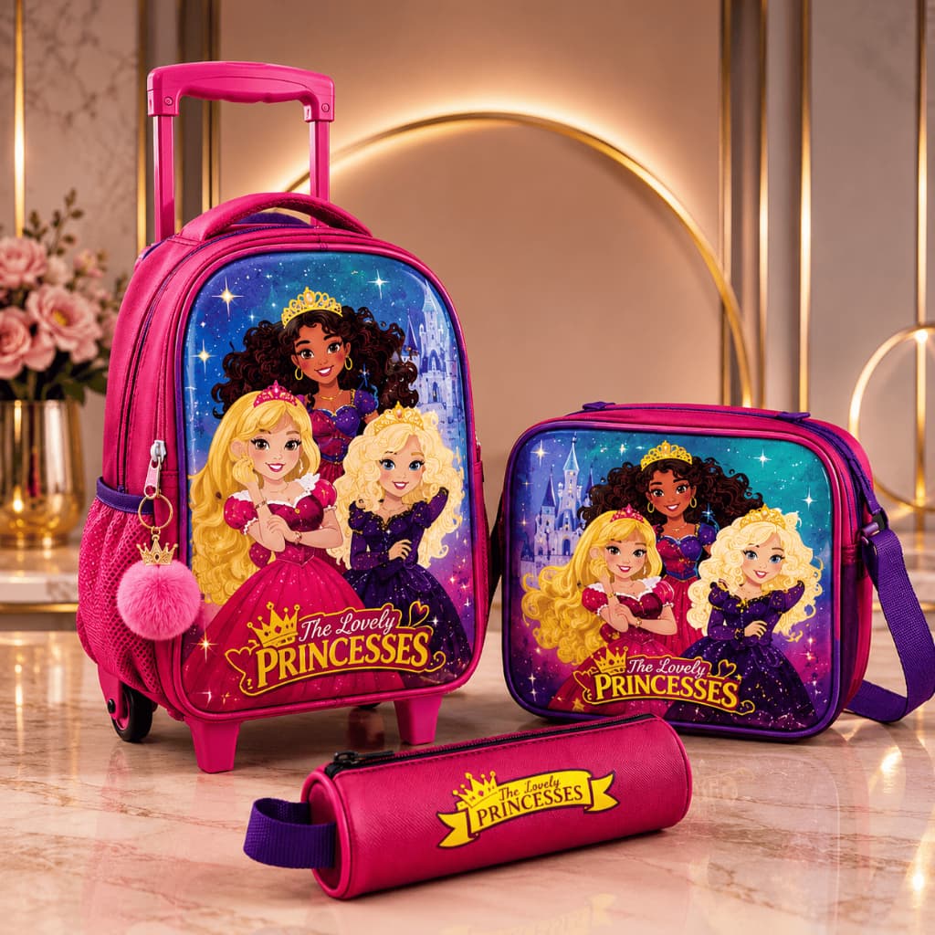 Kit Mochila Rodinhas Estojo Lancheira Escolar Infantil Princesa Criança Infantil Menina
