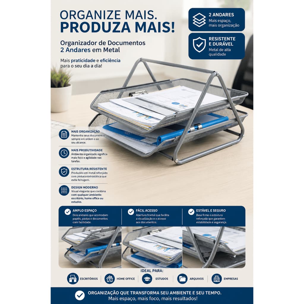 Organizador De Documentos De Mesa Escritório Metal 2 Andares Papel A4