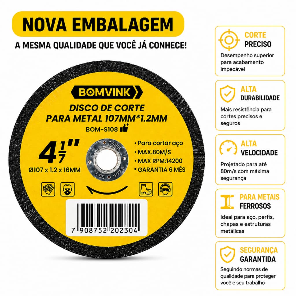 Kit Disco De Corte De Ferro Corte Fino 4,1/7'' 107mm Furo 16mm Bomder