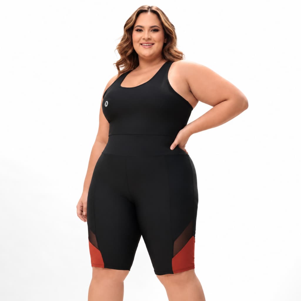 Macacão Plus Size Fitness Feminino Curto Compressão leve Suplex 380g Não Transparente Modela ciclismo treinoSem Apertar