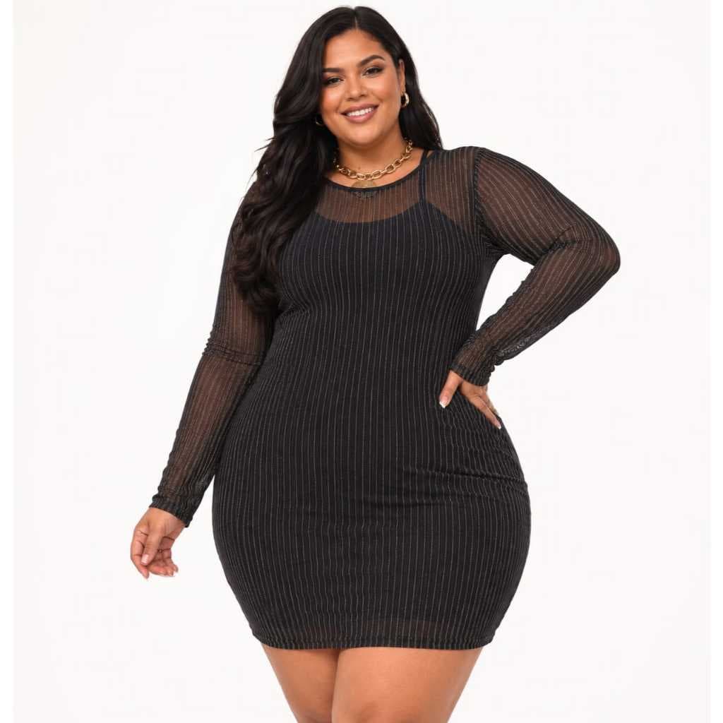 VESTIDO DE TULE LISTRADO COM SOBREPOSIÇÃO PLUS SIZE FEMININO ELEGANTE