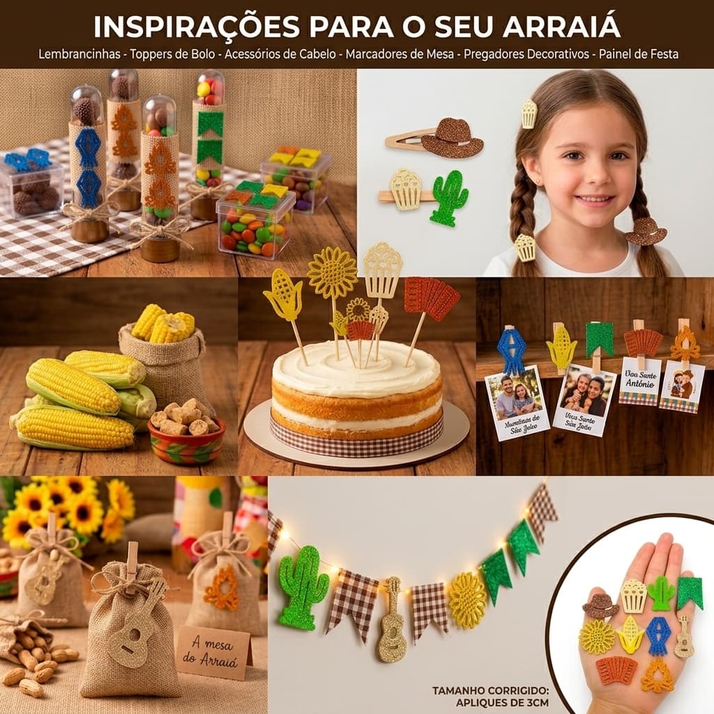 Kit 100 Apliques Decoração Junina Fácil: Apliques de EVA 3,5cm Sortidos para Customizar Roupas e Mesas de São João