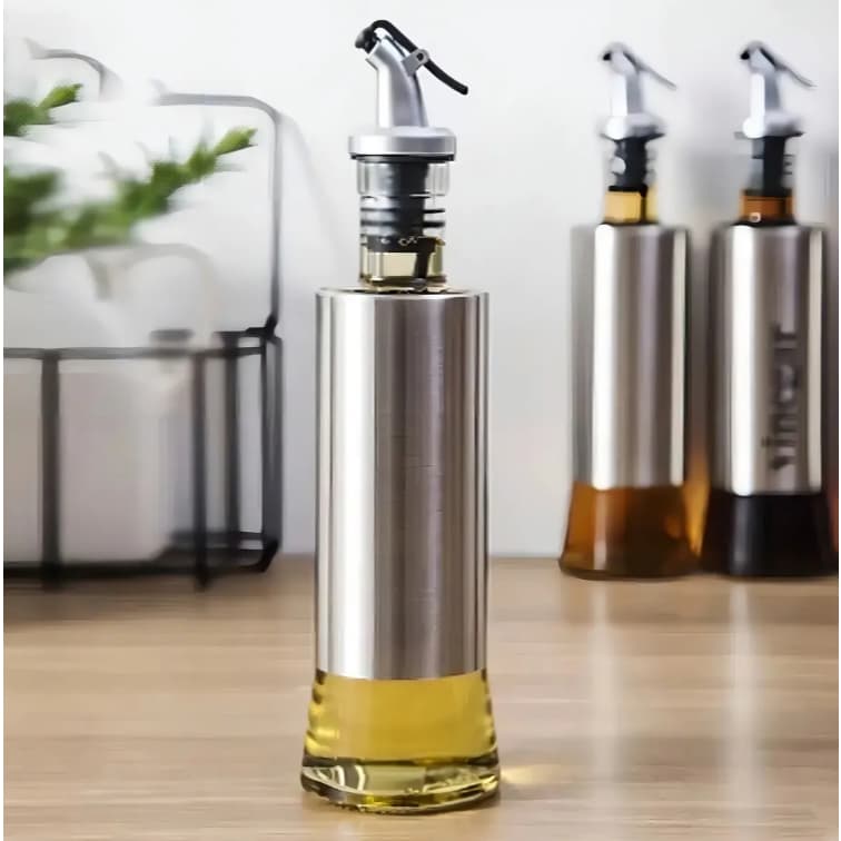 Galheteiro Garrafa de Vidro Art House com Bico Dosador Azeite Vinagre Oleo Aço Inox