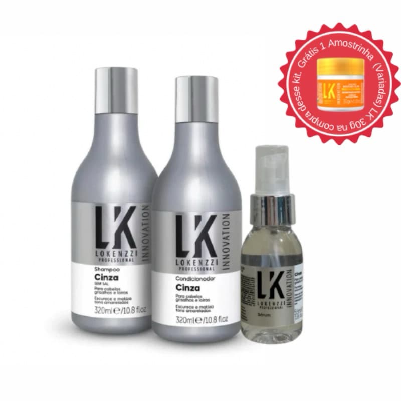 Kit Cinza Cabelos Grisalhos Lokenzzi (3 Produtos) Shampoo, Condicionador e Óleo Capilar