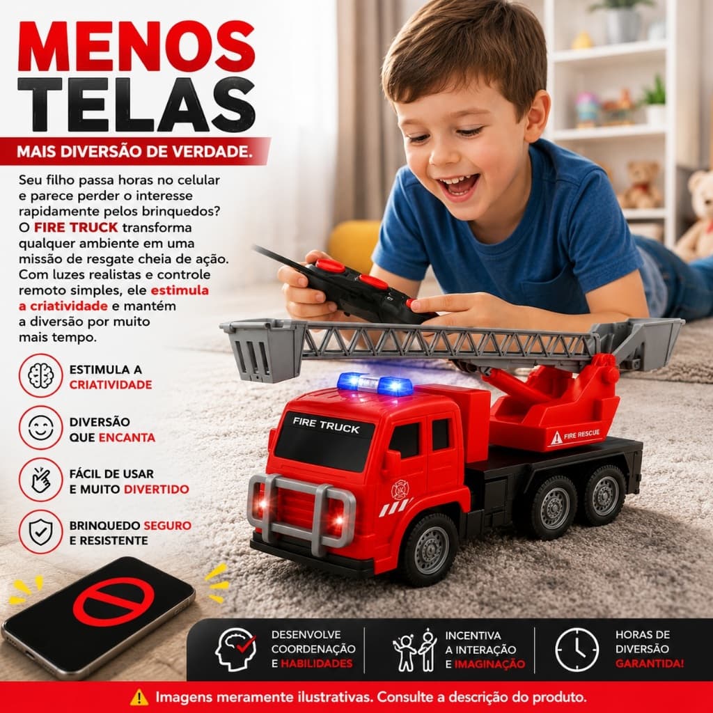 Caminhão Bombeiro Controle Remoto com Luzes Brinquedo Infantil Educativo Resistente FIRE TRUCK
