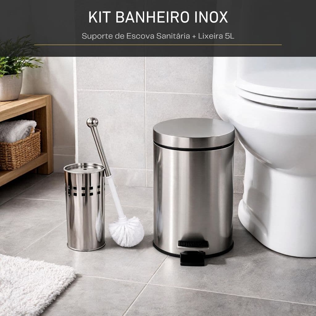 Kit Lixeira Inox 5 Litros + Suporte de Escova para Banheiro Pedaleira Tampa Resistente Não Enferruja