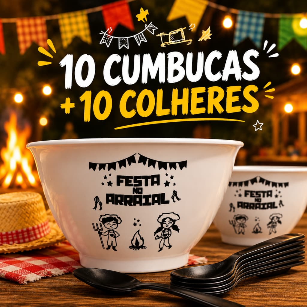 Kit 10 Cumbucas Plástico Branca Festa Junina 400ml + 10 Colheres Plástico Preta