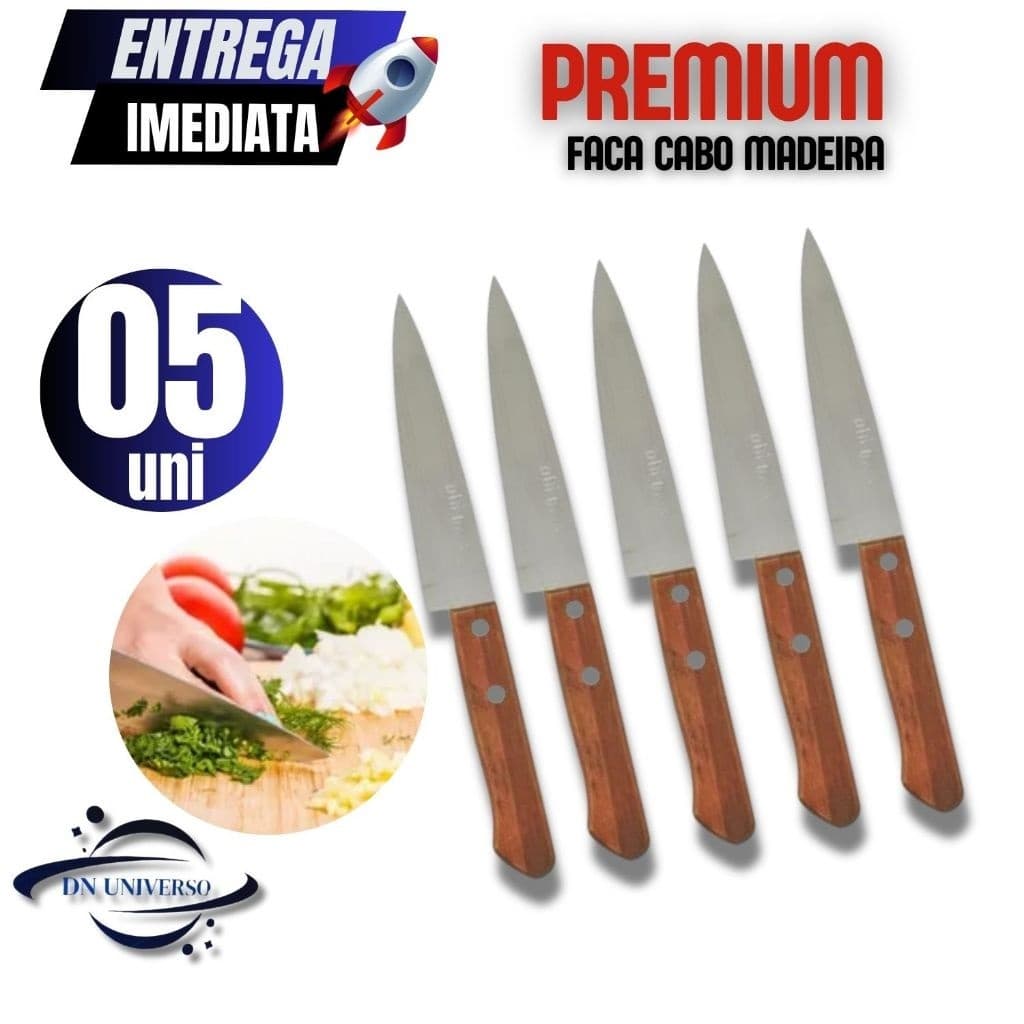 KIT 05 ou 02 FACAS DE  "7" PARA COZINHA   INOX CABO MADEIRA AÇOUGUEIRO