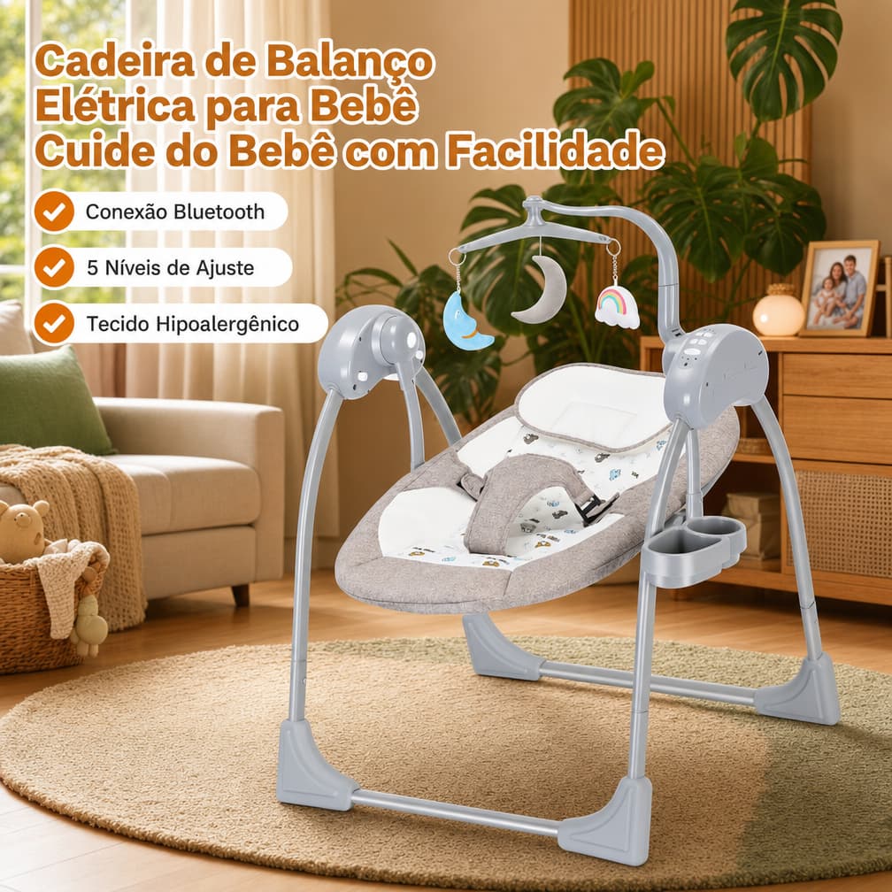 Cadeira de balanço ajustável para bebês com controle remoto e música via Bluetooth.