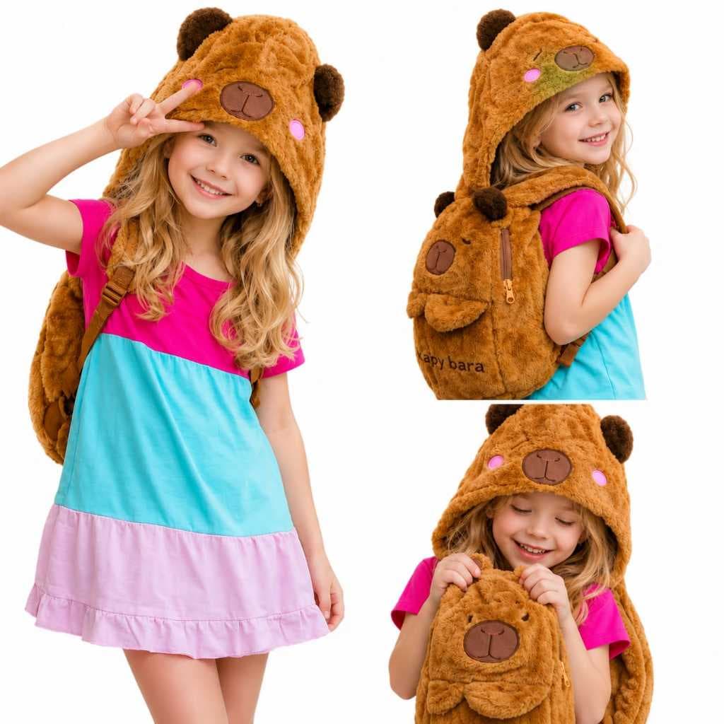 Capivara Mochila  Bolsa  Infantil de Pelúcia com Touca Capuz, Unissex Perfeito para Passeios Escola